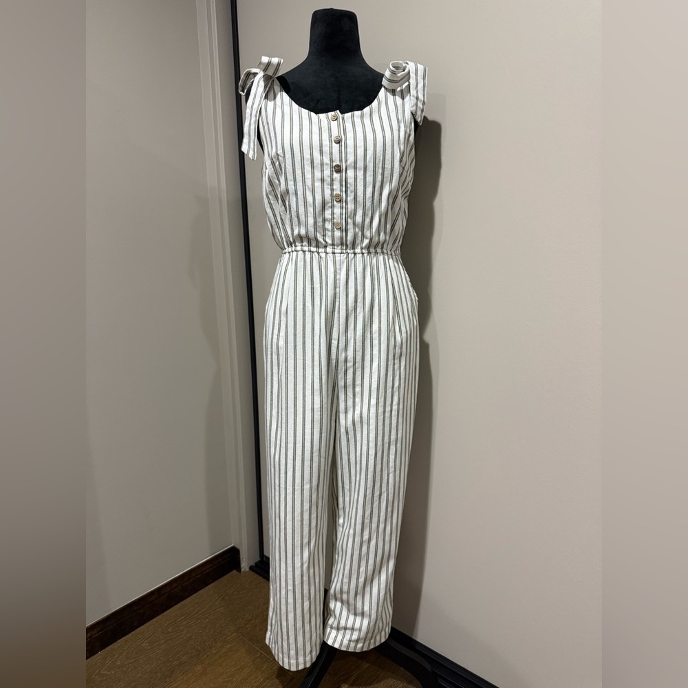 Mod Ref Sleeveless Linen-Blend Cropped Striped Jumper Romper with Shoulder Tie